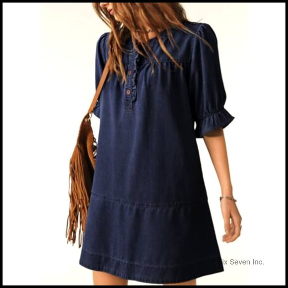 Denim Babydoll Dress with Ruffle Sleeves and Button Front - Picture 2 of 7